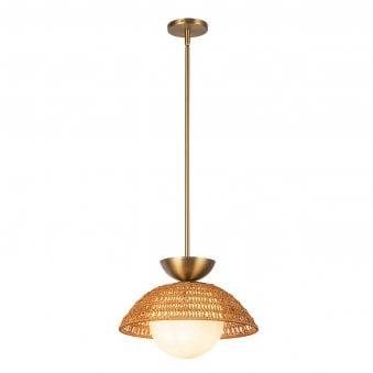 Perth Single Drop Pendant in Brushed Gold with Opal Glass Diffuser and Rattan Detailing