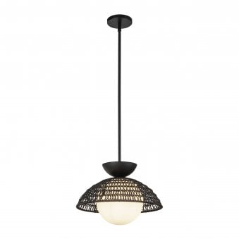 Perth Single Drop Pendant in Matte Black with Opal Glass Diffuser and Rattan Detailing