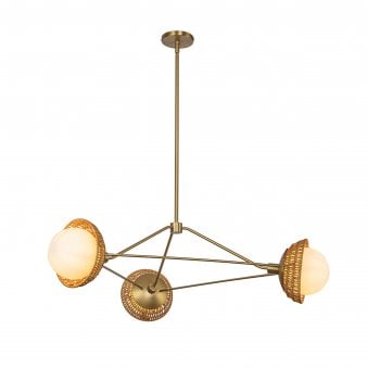 Perth Three Light Chandelier in Brushed Gold with Opal Glass Diffusers and Rattan Detailing