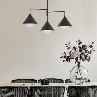 Remyck Three Arm Pendant Chandelier in Matte Black with Opal Glass Diffusers