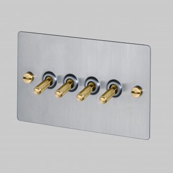Four Gang 2-Way Light Switch in Steel & Brass with Knurled Toggles