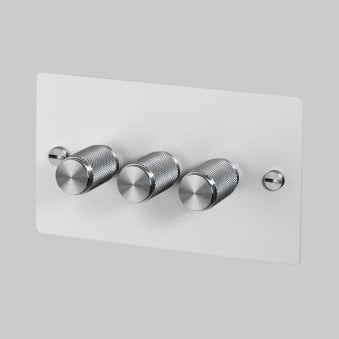 Three Gang 2-Way Dimmer Light Switch in White & Steel with Knurled Knobs