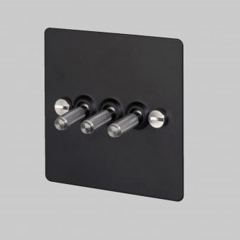 Three Gang 2-Way Light Switch in Black & Steel with Knurled Toggles