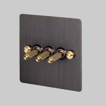 Three Gang 2-Way Light Switch in Smoked Bronze & Brass with Knurled Toggles
