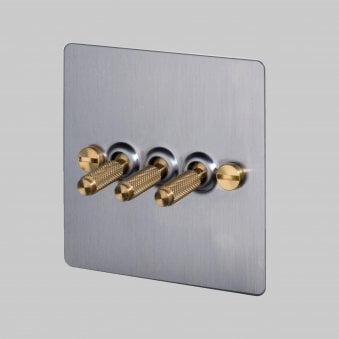 Three Gang 2-Way Light Switch in Steel & Brass with Knurled Toggles