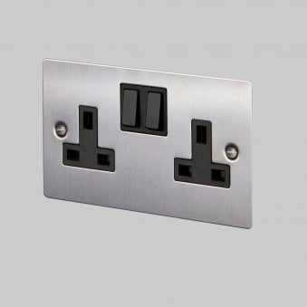 Two Gang 13 Amp Switched Plug Socket In Steel