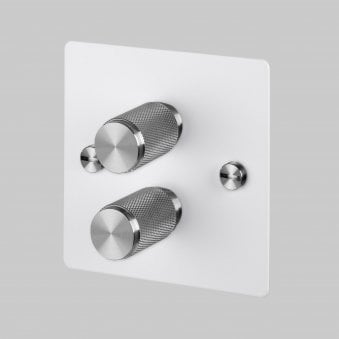 Two Gang 2-Way Dimmer Light Switch in White & Steel with Knurled Knobs