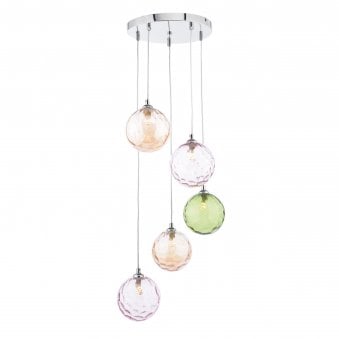 Federico 5 Light Cluster Pendant In Polished Chrome With Mixed Colour Dimpled Glass Shades