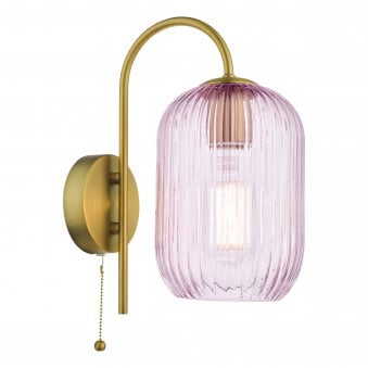 Idra Switched Wall Light In Aged Bronze With Pink Ribbed Glass Shade