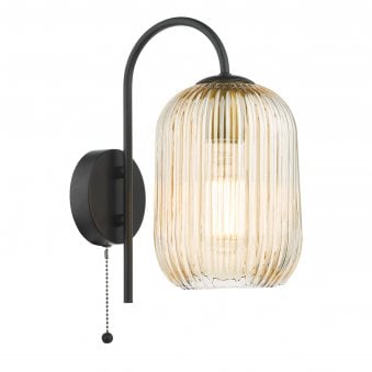Idra Switched Wall Light In Matt Black With Champagne Ribbed Glass Shade