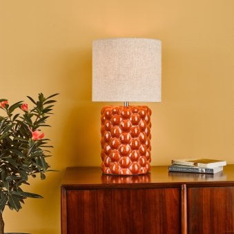 Jayden Ceramic Table Lamp In Orange With Natural Linen Shade