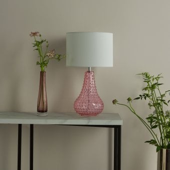 Kristina Glass Table Lamp In Pink With White Linen Shade