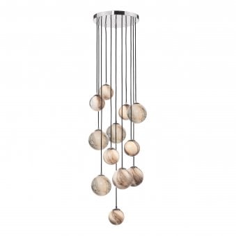 Mikara 12 Light Long Cluster Pendant In Polished Chrome With Marble Effect Glass Shades