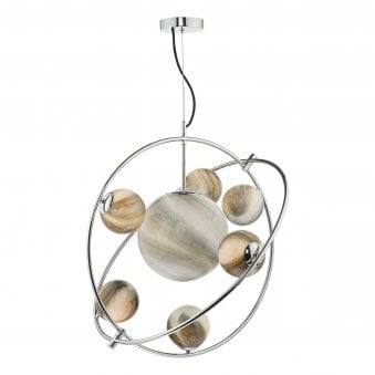 Mikara 7 Light Pendant In Polished Chrome With Marble Effect Glass Shades