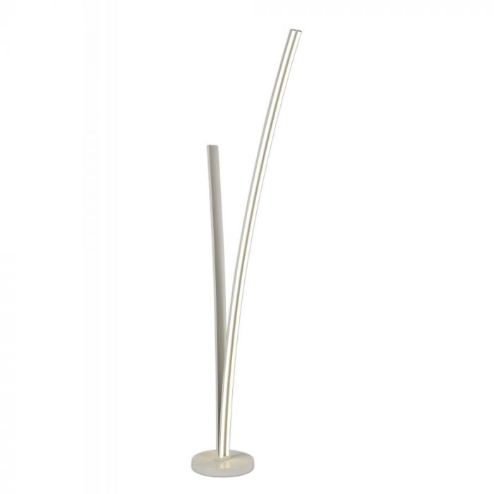 A tall floor lamp with a silver finish and natural white light. Two lamps protrude upwards from the circular base and curve to different angles.
