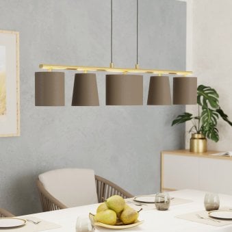 Almeida 2 Five Lamp Linear Pendant in Brushed Brass with Cappuccino Shades