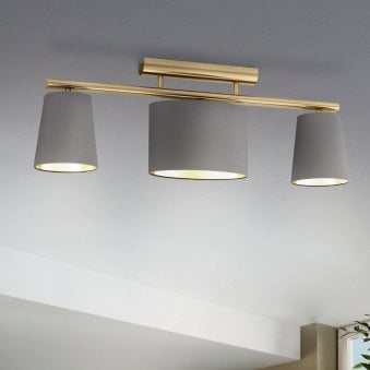 Almeida 2 Three Lamp Linear Ceiling Light in Brushed Brass with Cappuccino Shades
