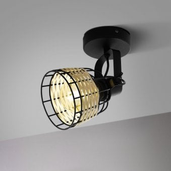 Anwick 1 Black Metal Frame Single Spotlight with Natural Woven Rattan Strips