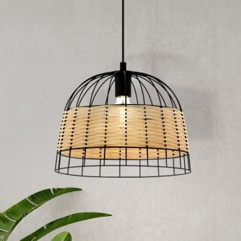Anwick 370mm Black Metal Frame Pendant with Natural Woven Rattan Strips