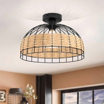 Anwick Black Metal Frame Ceiling Light with Natural Woven Rattan Strips