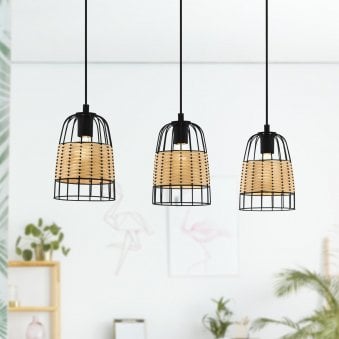 Anwick Triple Drop Black Metal Framed Pendants with Natural Woven Rattan Strips