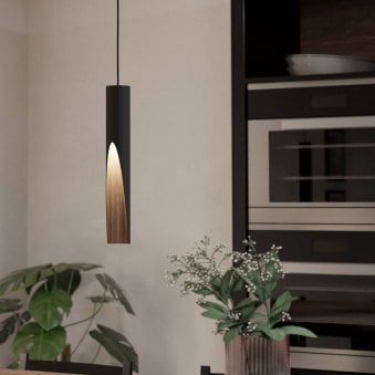 Barbotto Single Drop Pendant in Black with Oak-Effect Inner Surface