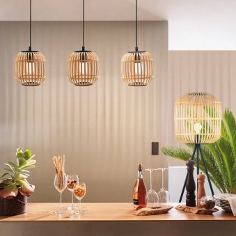 Bordesley Triple Drop Linear Pendant with Natural Bamboo Lampshades