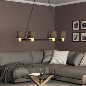 Edale Six Lamp Oval Pendant in Black with Wood Detailing and Cappuccino Shades