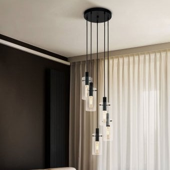 Montefino Five Drop Cluster Pendant in Black with Clear Glass