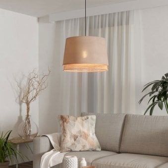 Tabley Single Drop Pendant with Two Layered Lampshades of Fabric and Bamboo