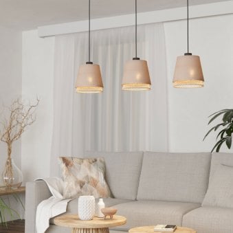 Tabley Triple Drop Linear Pendant with Two Layered Lampshades of Fabric and Bamboo