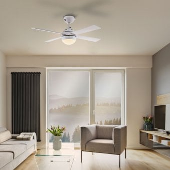 Tarsdorf Ceiling Fan with Remote Control & Light in White with Reversible White or Wooden Coloured Blades