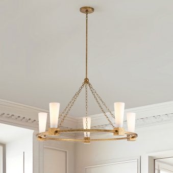 Kristy Five Lamp Chandelier in Distressed Gold with Opal Glass Diffusers