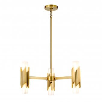 Marvele Six Lamp Three Arm Chandelier in Aged Brass with Opal Glass Diffusers