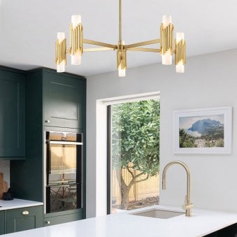 Marvele Ten Lamp Five Arm Chandelier in Aged Brass with Opal Glass Diffusers
