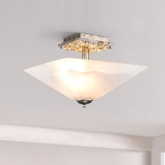 Star Semi Flush Ceiling Light in Distressed Silver with Opal Glass Diffuser