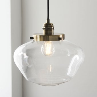Camberley School House Pendant in Antique Brass & Clear Glass