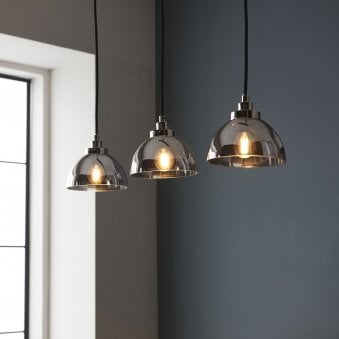 Caspa Triple Linear Pendant in Bright Nickel and Smokey Mirror Glass
