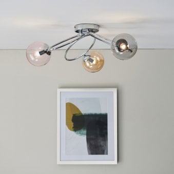 Ellipse Three Arm Ceiling Light in Chrome with Pink & Champagne & Grey Tinted Glass Shades