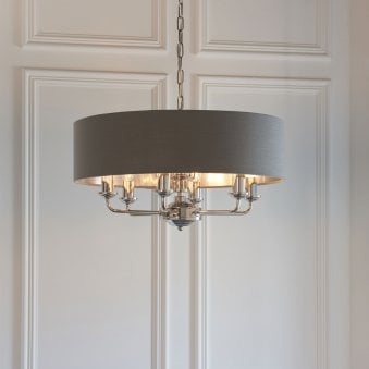 Highclere Eight Light Pendant in Nickel with Charcoal Shade