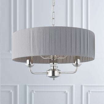 Highclere Three Light Pendant in Nickel with Pleated Charcoal Shade