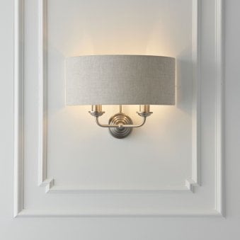 Highclere Twin Lamp Wall Light in Brushed Chrome with Natural Shade