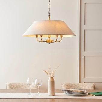 Lille Five Light Pendant in Antique Brass with Tapered Natural Linen Shade