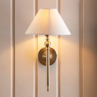 Lille Wall Light in Antique Brass with Tapered Natural Linen Shade