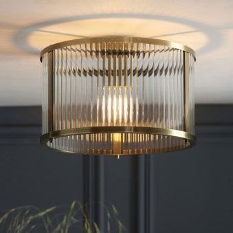 Ridgeton Flush Ceiling Light in Antique Brass & Clear Ribbed Glass
