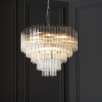 Toulouse Twelve Light Tiered Pendant in Nickel with Ribbed Cylindrical Clear Glass