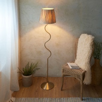 Wriggle Floor Lamp in Brushed Aged Brass with a Wrapped Raffia Shade