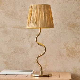 Wriggle Table Lamp in Brushed Aged Brass with a Wrapped Raffia Shade