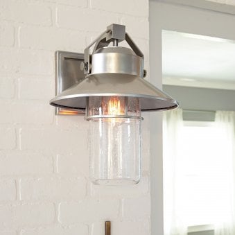 Boynton Medium Coastal IP44 Wall Light in Painted Brushed Steel & Seeded Glass Shade