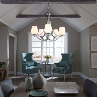 Vintner Five Light Chandelier in Satin Nickel and Opal Etched Glass Shades